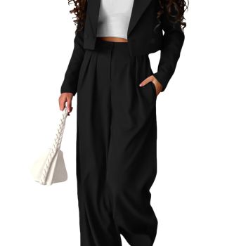 Women's 2 Piece Casual Outfits Cropped Blazer Jackets High Waisted Wide Leg Work Pants Suit Set (Black,Small)