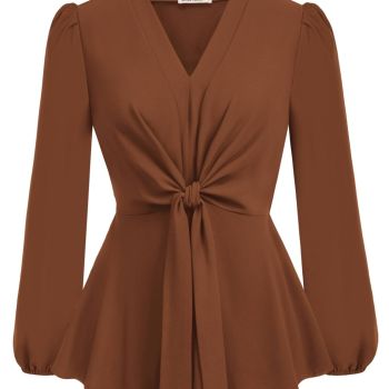 Brown Peplum Tops for Women V Neck Tie Front Work Shirts Tops Dressy XL