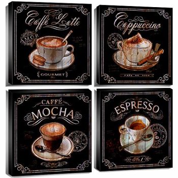 Coffee Decor Wall Art Kitchen Wall Art Vintage Coffee Bar Wall Decor Black Cafe Pictures for Dining Room Modern Coffee Decorations Coffee Sign Canvas Painting Restaurant Accessories Home Decor 12x12