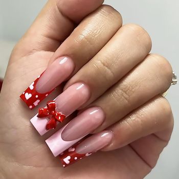 Valentine's Day Press on Nails Long Square Fake Nails With 3D Red Bow Love Heart Designs Valentines False Nails Red Pink French Tip Stick on Nails Acrylic Romantic Artificial Nails for Women 24 Pcs