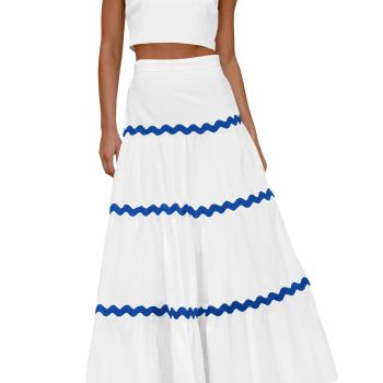 Womens 2024 Summer Two Piece Vacation Beach Outfits Dressy Sleeveless Cropped Tank Tops And Long Maxi Skirt Sets (White Blue,Small)