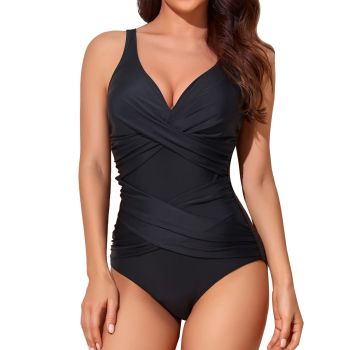 Tummy Control Swimsuits for Women Slimming One Piece Bathing Suit Modest Padded Ruched Push Up Long Torso Curvy Shapewear V Neck Criss Cross Swimming Suits Full Coverage Swimwear (Black)