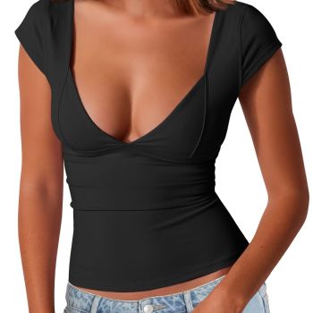 Womens Going Out Tops Sexy Backless V Neck Short Sleeve T-Shirts Summer Tops 2024 Basic Cute Crop Tops Bustier Corset Cami Y2K Clothes Black