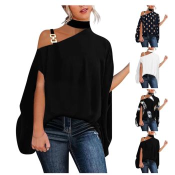 Halter Neck Tops for Women Dressy Batwing Sleeve Strap Cold Shoulder Trendy Tunic Blouse Printed Soft Summer Shirts A-Black