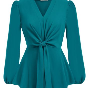 Blue Green Peplum Tops for Women V Neck Tie Front Work Shirts Tops Dressy S
