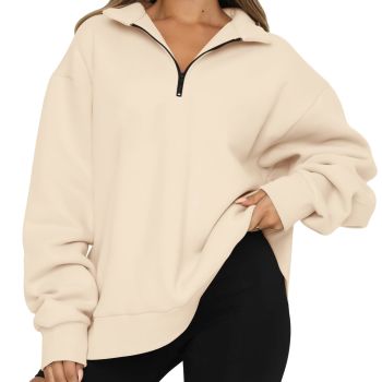 Womens Oversized Half Zip Pullover Long Sleeve Sweatshirts Quarter Zip Hoodie Sweaters Teen Girls Fall Y2K Clothes Apricot