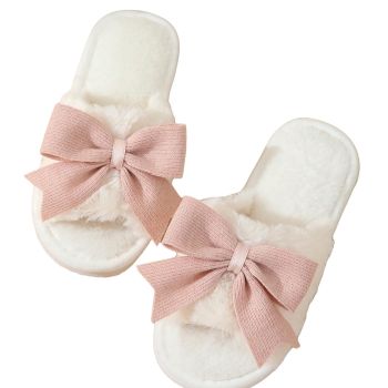 Women's Cute Bow Decor Fuzzy Open Toe Indoor Home Slippers Fashionable Warm Comfy Furry Outdoor Slippers White CN36-37