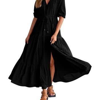 Casual Spring Dresses Wedding Guest Dresses for Women Solid Color Maxi Dresses Boho Long Dresses(Solid Black,Large)