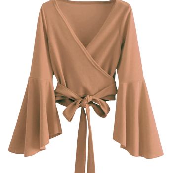 Women's Long Sleeve V Neck Tie Knot Bandage Wrap Blouse Crop Top Khaki S