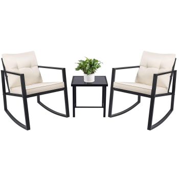 3 Piece Rocking Bistro Set Wicker Patio Outdoor Furniture Porch Chairs Conversation Sets