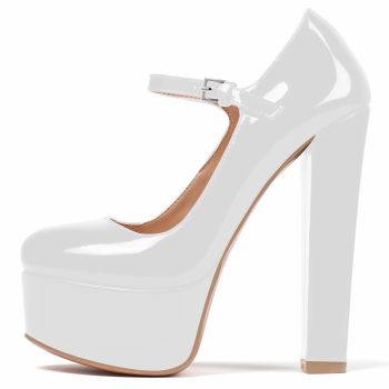 Women's Round Toe Platform Pumps Block Chunky High Heel Pumps Mary Jane Closed Toe Sexy Party Dress Shoes White US 7.5