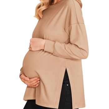 Women's Maternity Top Long Sleeve Pregnant Tee Drop Shoulder Pregnant Shirt Split Side Khaki M