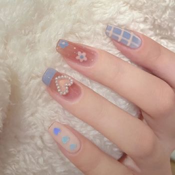 Coffin Press on Nails Cute Acrylic Nails Long Ballerina Fake Nails Glossy Blue Pink Glue on Nails 3D Heart Charm Design for Women and Girls