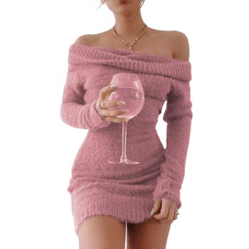 Women's 2023 Fall Winter Off Shoulder Bodycon Knit Sweater Dress Sexy Pullover Party Club Dresses Pink