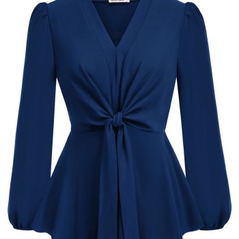 Navy Blue Peplum Tops for Women V Neck Tie Front Work Shirts Tops Dressy M