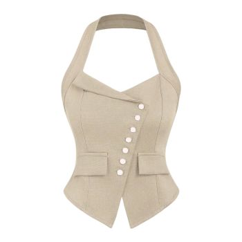 Women's Asymmetrical Hem Crop Top Button Front Detail Halter Top Backless Cropped Slim Fit Cami Top Camisole Beige Large