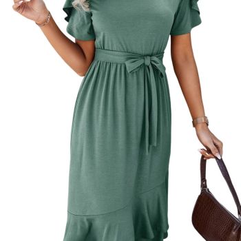 Womens 2023 Summer Spring Dresses Casual Wrap Round Neck Short Puff Sleeve Belt A-Line Ruffle Hem Formal Midi Dress Green Medium