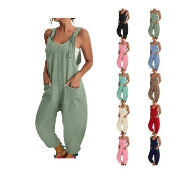 Women's Casual Loose Overalls Jumpsuits One Piece Sleeveless Adjustable Strap Summer Cool Long Pants With Pockets