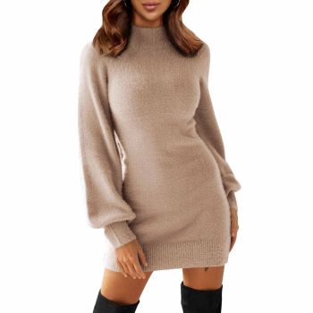 Women's Mock Neck Ribbed Long Sleeve Bodycon Pullover Cute Mini Sweater Dress Apricot