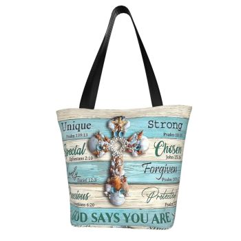 Tote Bag for Women Cutie Seashell Cross God Says You Are Shoulder Handbag Shopping Bags for Work Travel Business Beach