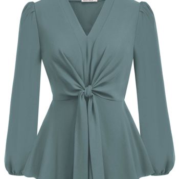 Gray Peplum Tops for Women V Neck Tie Front Work Shirts Tops Dressy L