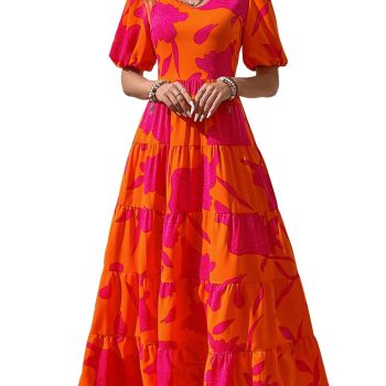 Short Sleeve Floral Cute Spring Dresses for Women 2024 Wedding Guest Dress Maxi Smocked Beach Summer Dress (Orange Rose Red Flower,Small)