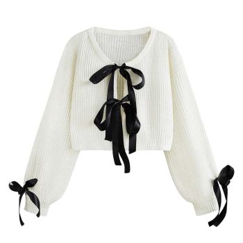 Women's Bow Tie Cropped Cardigan Knot Long Sleeve Knit Cute Cream Cardigan Sweaters Trendy White Medium