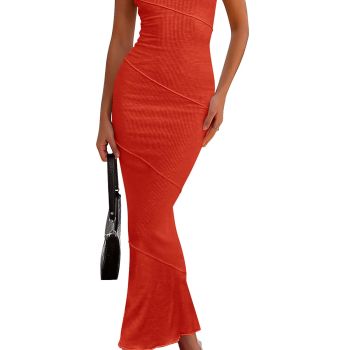 Women's Summer Long Dress Strapless Sleeveless Bandeau Tube Top Bodycon Maxi Dress (Orange,Small)