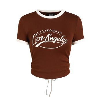 Women's California Los Angeles Letter Knotted Short Sleeve Tee: Brown