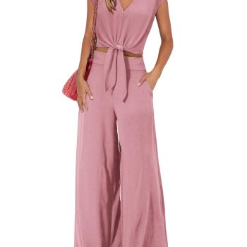 Ladies 2 Piece Outfits Plain Crop Tops Loose Fit Wide Leg Pants With Pockets Cute Summer Matching Sets(Solid Pink,Small)