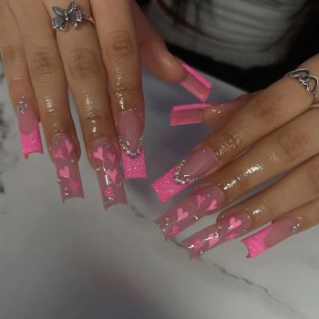 Coffin Press on Nails Long Fake Nails Pink French Glue on Nails Shiny Rhinestone Acrylic Nails Heart Ballerina Stick on Nails 24Pcs Valentine's Day False Nails for Women and Girls