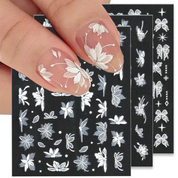 6pcs Camellia Tulip Flower Nail Stickers for Nail Art Black White Flower Nail Decals 3D Bow Nail Stickers for Women Floral Bow Stickers for Nails Camellia Tulip Nail Art Stickers Spring Nail Supplies