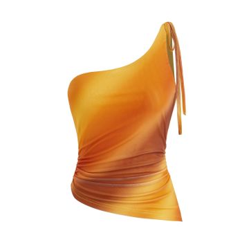 Miami Sunset Vacation Mesh Asymmetrical Neck Ombre Crop Top: Orange