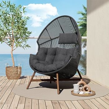 Outdoor & Indoor Egg Chair PE Wicker Wood Grain Finish Comfortable Conversation Chair