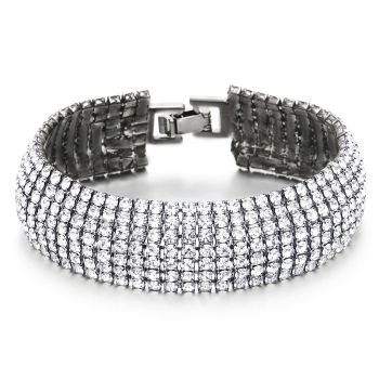 Sparkling Womens Crystal Rhinestones Cluster Wide Grey Black Bangle Bracelet