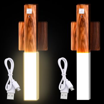 2 Pcs Motion Sensor Night Light Magnetic Wall Light 2 Pcs USB LED Lights Rechargeable Stick Wireless Stair Indoor Wooden Wall Sconces