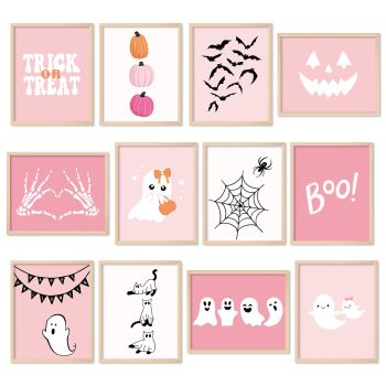 12Pcs Halloween Wall Art Prints Cute Pink Ghost Pumpkin Boo Art Poster Trick or Treat Aesthetic Wall Decor for Gallery Living Room Bedroom (UNFRAMED 11 x 14 Inch)