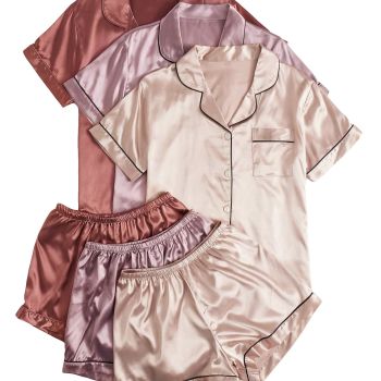 Women's 3 Set Satin Pajama Set Short Sleeve V Neck Collar Button Down Shirt Top