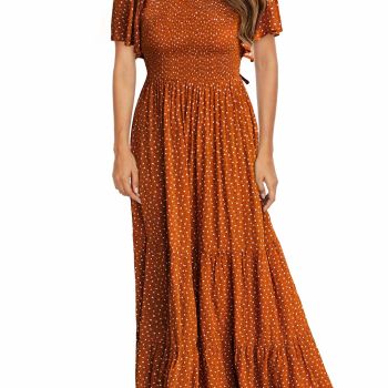 Summer Dresses for Women 2024 Round Neck Flutter Short Sleeve Casual Beach Dress Swing Flowy Vacation Dress Fall Dress Smocked Ruffle Tiered Floral Maxi Dress Caramel S