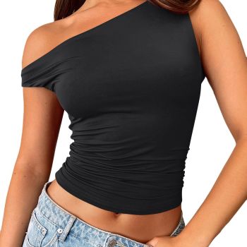 Womens Summer Sleeveless Shirts Off The Shoulder Crop Tank Tops Plus Size Basic Slim Fitted Going Out Sexy Y2K T Shirts Holiday Clothes Spring 2024 Black
