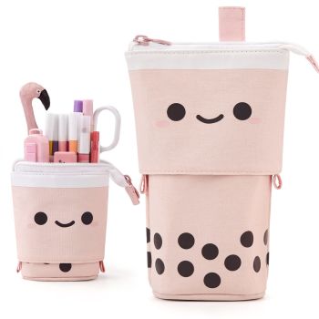 Standing Pencil Case Cute Telescopic Pen Holder Kawaii Stationery Pouch Makeup Cosmetics Bag for School Students Office Women Teens Girls Boys (Pink)