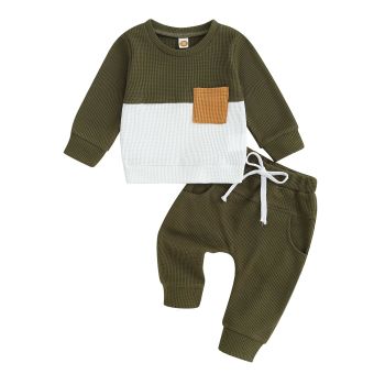 Baby Boy Clothes Fall Winter Waffle Knit Contrast Color Sweatshirt Tops Casual Pants Set Toddler 2Pcs Outfit (Army Green