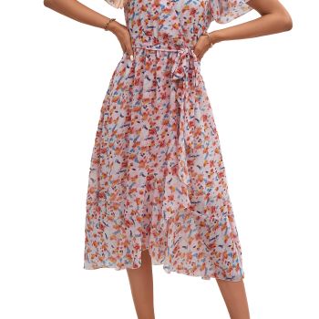 Women's 2024 Floral Boho Dress Wrap V Neck Short Sleeve Belted Ruffle Hem A-Line Flowy Maxi Dresses (White Orange Floral,Large)