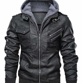 Men’s Casual Stand Collar PU Faux Leather Zip-Up Motorcycle Bomber Jacket With a Removable Hood