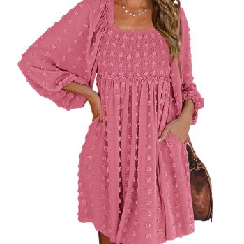 Women's Spring Summer Dresses 2024 Square Neck Smocked Long Sleeve Swiss Dot Ruffle Boho Party Wedding Guest Dress(Swiss Dot Bean Paste Red