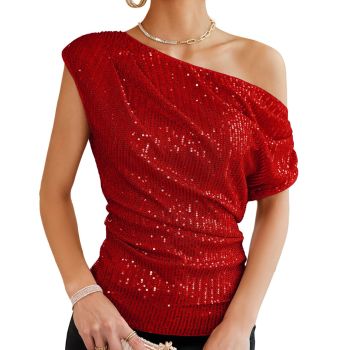 Ruched Batwing Sleeve Sequin Tops for Women Dressy Causal Trendy Off Shoulder Sparkle Tops Shirts Asymmetrical Glitter Party Tops Bright Red S