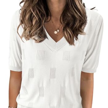 Womens Spring Summer Tops 2024 Trendy Fashion Short Sleeve Plus Size Sweaters V Neck Knit Clothes Western Vacation Resort Wear Dressy Cute St Patricks Casual Outfits Business Blouse White