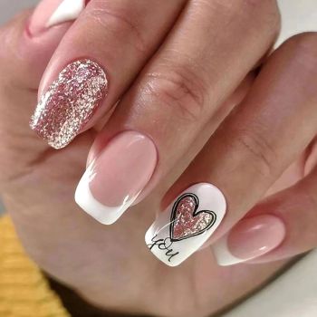 White French Tip Press on Nails Short Valentines Square Fake Nails Heart Glue on Nails Light Pink Transluent Acrylic Nails Silver Glitter False Nails Nail Glue Glossy Stick on Nails for Women 24Pcs