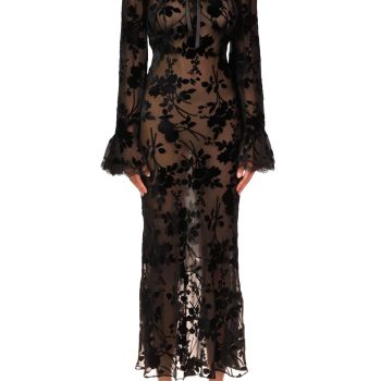 Black Burnout Velvet Bias Dress With Bell Sleeves