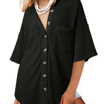 Spring Tops for Women Fashion 2024 Lapel V Neck Short Sleeve Waffle Knit Shacket Jacket Solid Basic Top Casual Boyfriend Tops